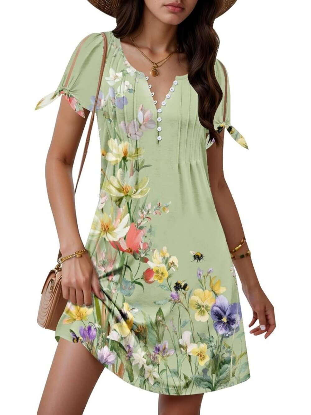 Women's Floral Light Green Short Sleeve Summer Neck Button Down Boho Mini Dress